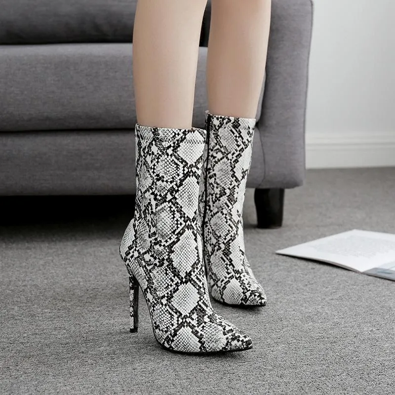 Chicvane Leopard Printed Side Zipper Pointed Toe Stiletto Heel Mid Calf Boots For Women