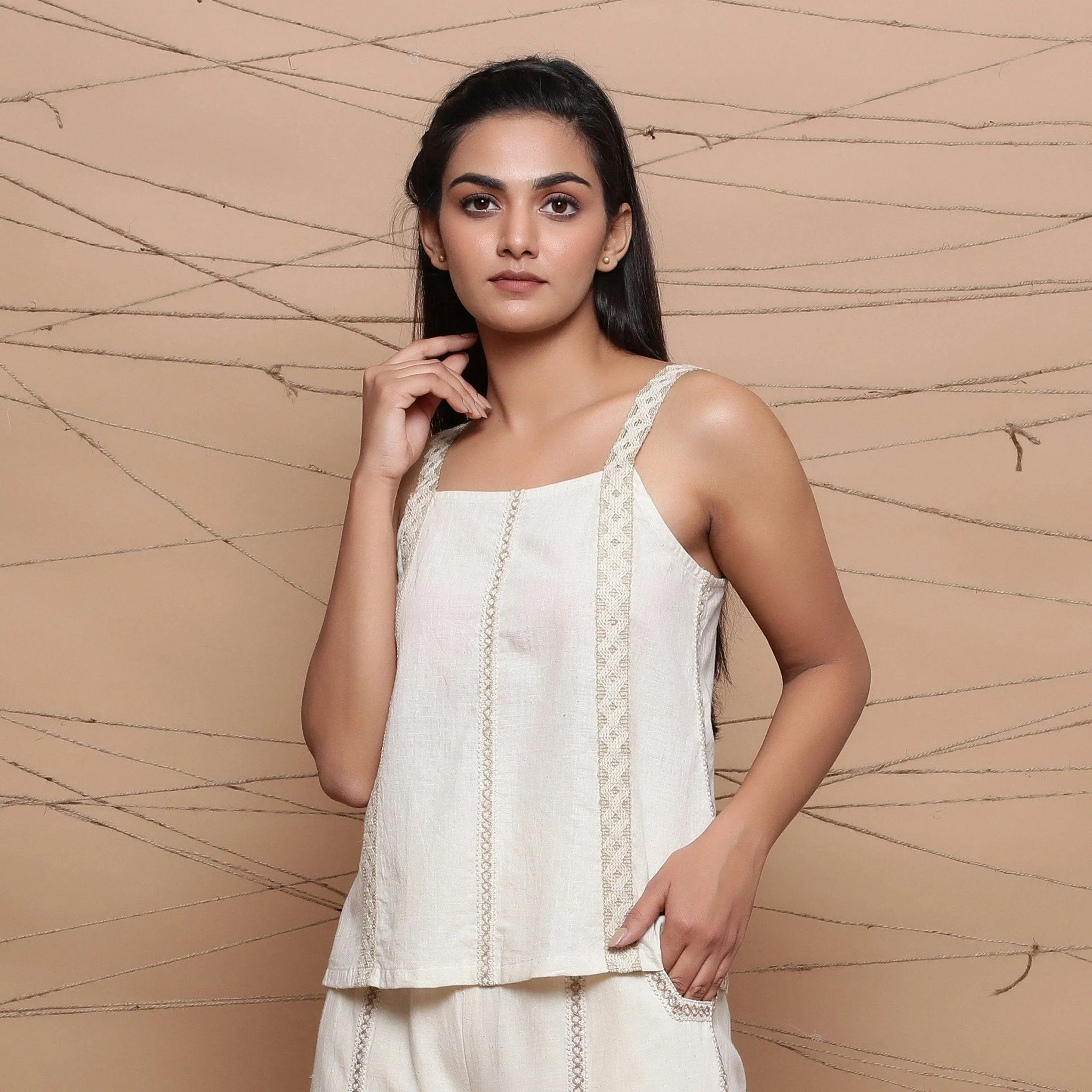 Ecru Undyed Jute Lace Handspun Cotton Muslin Tank Top