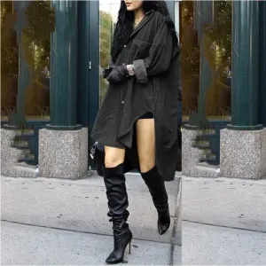 Long Sleeved Loose Irregular Side Cut Denim Shirt Dresses