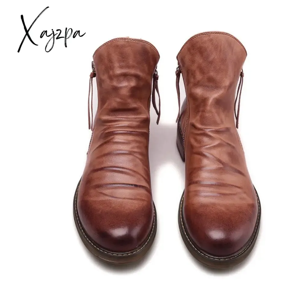 Xajzpa - Classic Chelsea Boots Mens Double Side Zipper Non-slip Casual Shoes Men Trend Tassel Boots Men's Leather Boots Plus Size 38-48